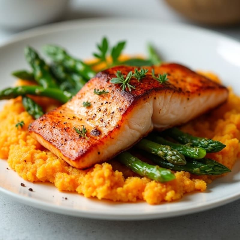 Pan-Seared Salmon with Roasted Asparagus and Sweet Potato Mash