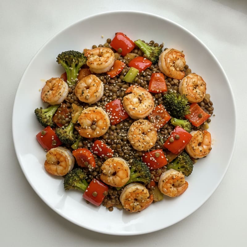 Garlic Prawn and Lentil Stir-Fry with Roasted Vegetables