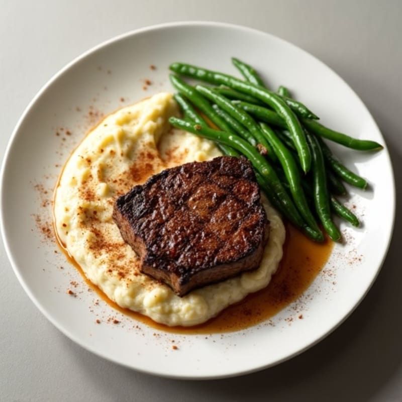Cocoa-Dusted Steak with Creamy Cauliflower Puree and Crispy Green Beans