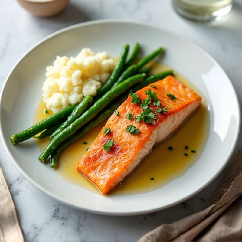 Pan Seared Salmon with Garlic Green Beans and Cauliflower Mash