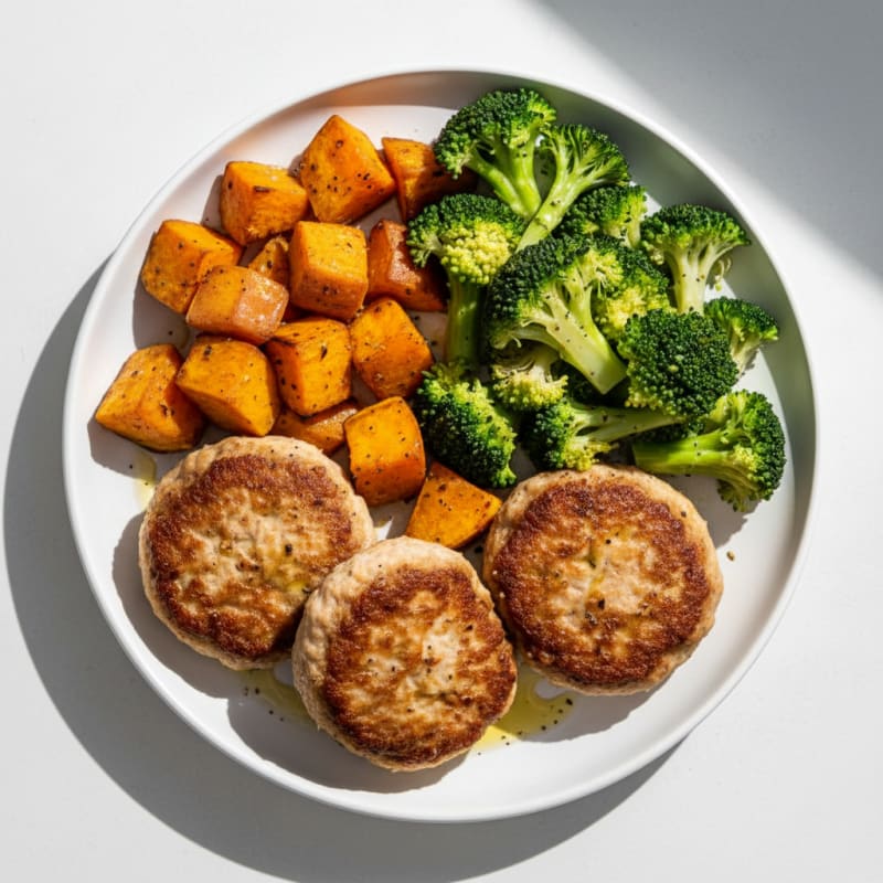 Seared Turkey Patties with Roasted Sweet Potato and Steamed Broccoli