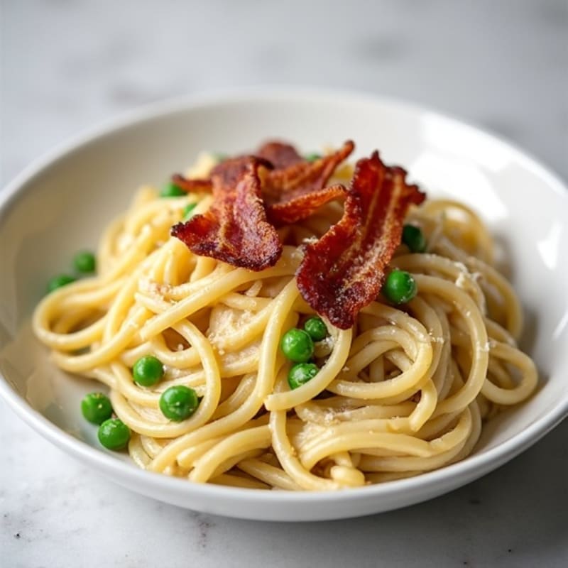 Creamy Pasta Carbonara with Crispy Turkey Bacon and Peas