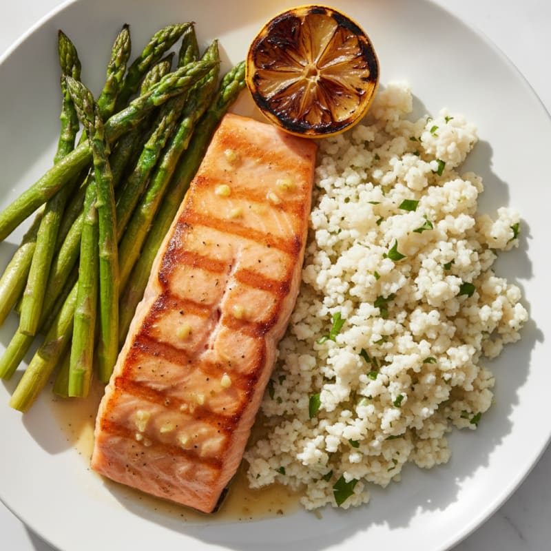 Grilled Salmon with Roasted Asparagus and Cauliflower Rice