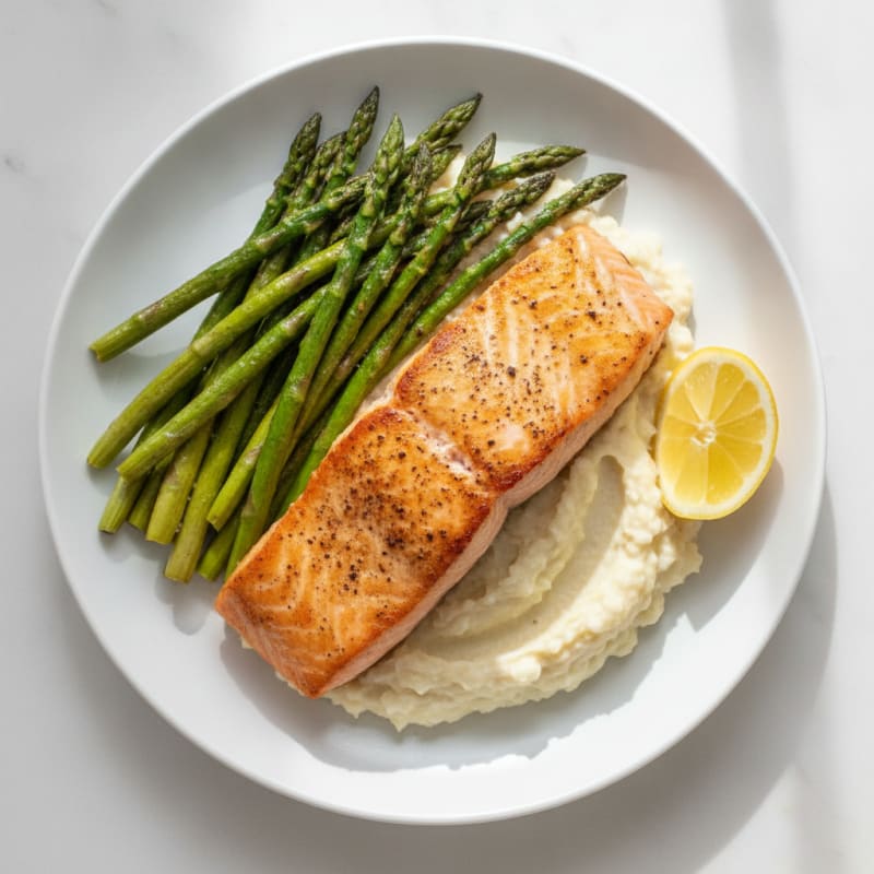 Seared Salmon Fillet with Roasted Asparagus and Cauliflower Mash