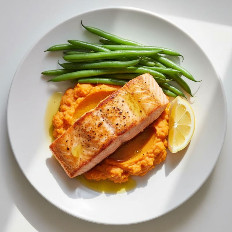 Seared Salmon with Steamed Green Beans and Sweet Potato Mash