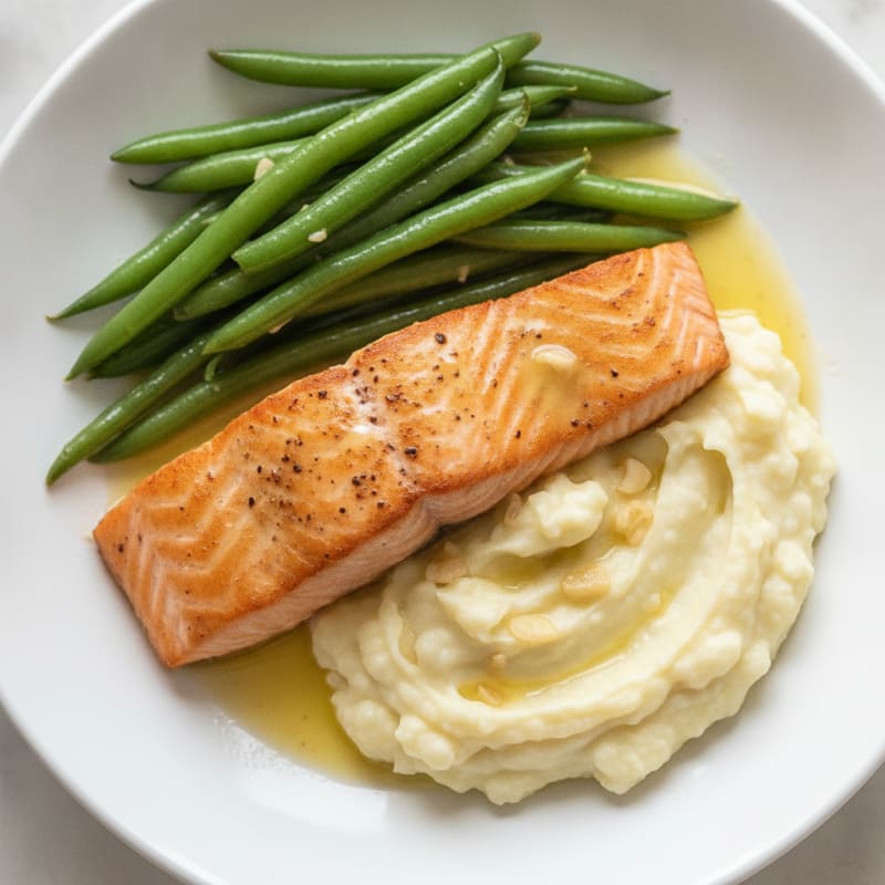 Seared Salmon with Steamed Green Beans and Garlic Mashed Cauliflower