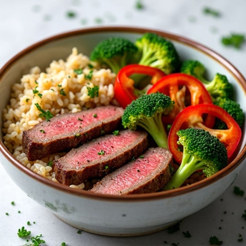 Garlic Herb Steak and Brown Rice Bowl with Crispy Vegetables
