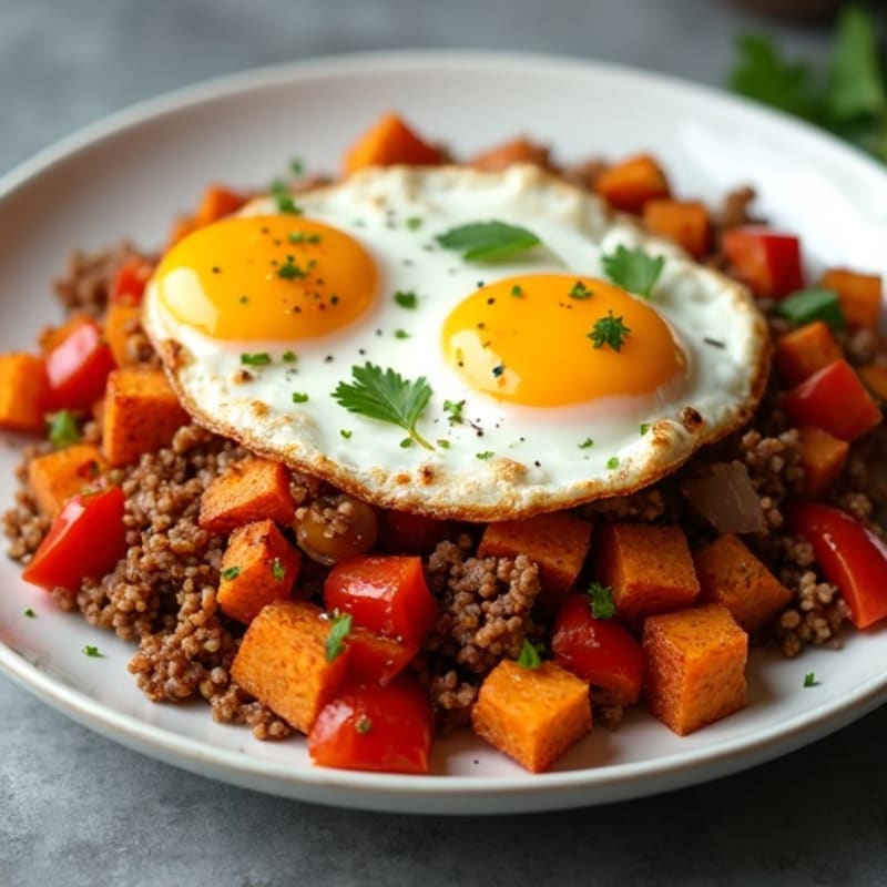 Crispy Sweet Potato and Turkey Hash with Fried Eggs