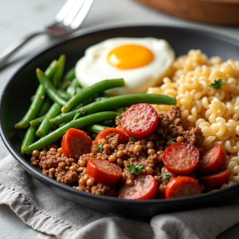 Kielbasa and Pasta Skillet with Sautéed Green Beans