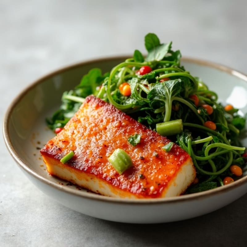 Roasted Pork Belly and Crispy Tofu with Ginger-Garlic Greens