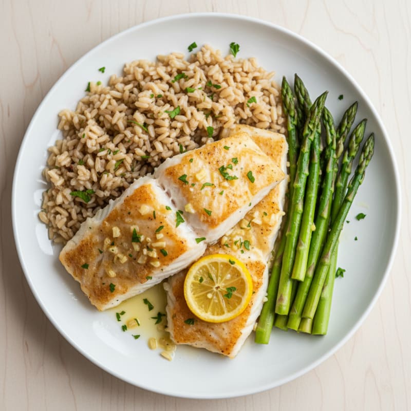 Baked Cod with Steamed Asparagus and Brown Rice