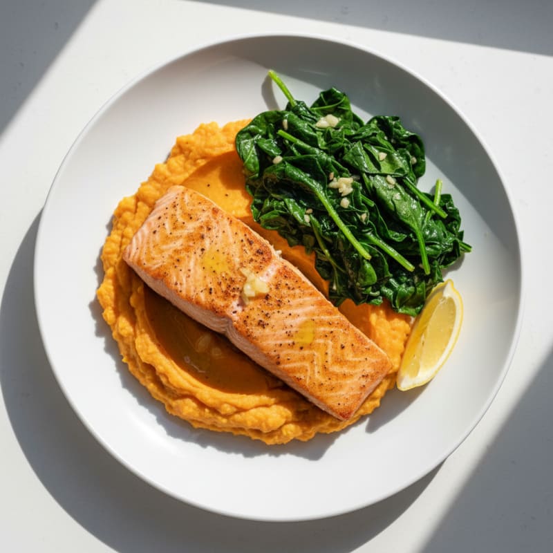 Seared Salmon Fillet with Garlic Spinach and Sweet Potato Mash