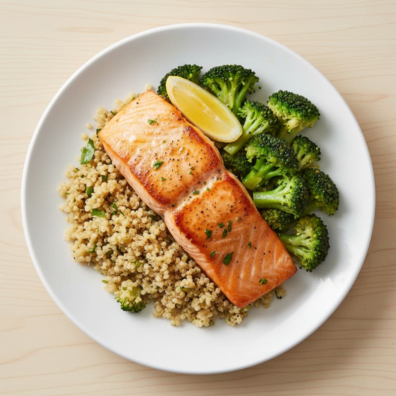 Seared Salmon with Garlic Quinoa and Steamed Broccoli