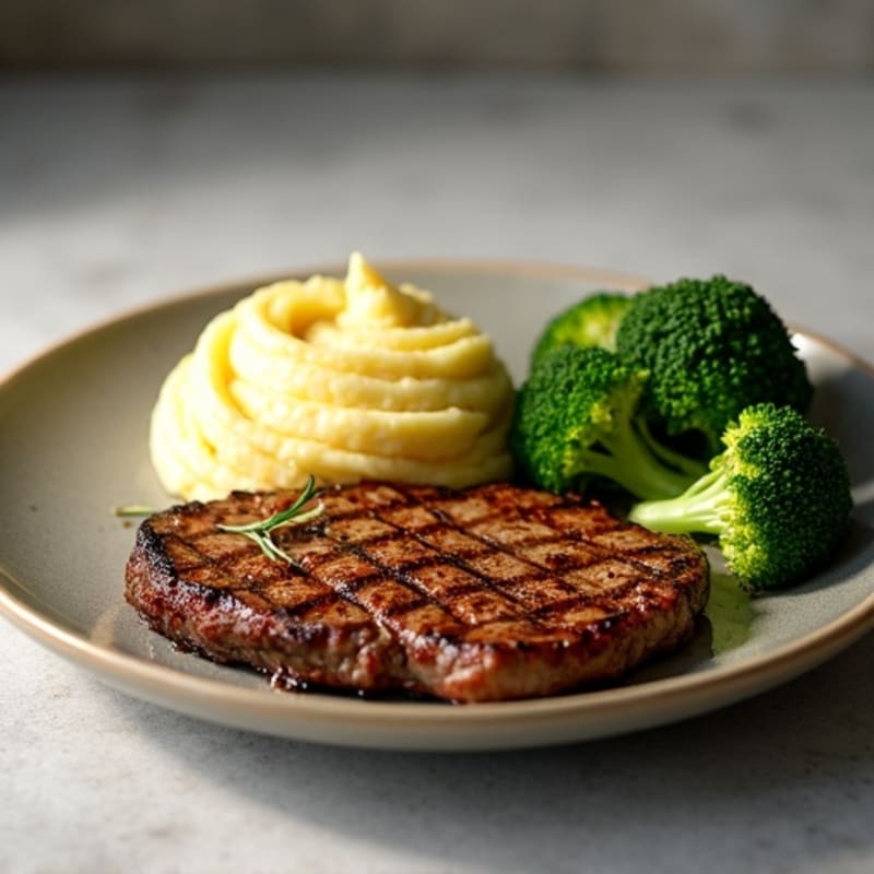 Grilled Steak with Roasted Broccoli and Garlic Mashed Potatoes