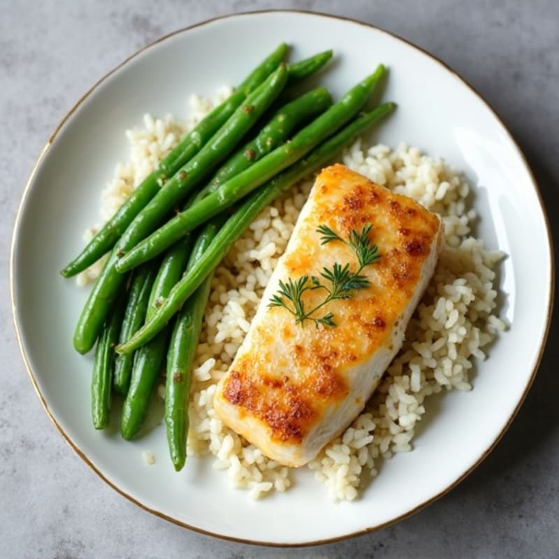 Baked Cod with Steamed Green Beans and Lemon Herb Rice