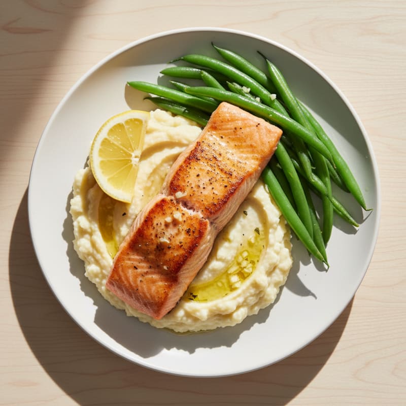 Seared Salmon with Steamed Green Beans and Cauliflower Mash