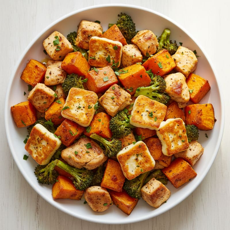 Golden Roasted Sweet Potato and Halloumi Traybake