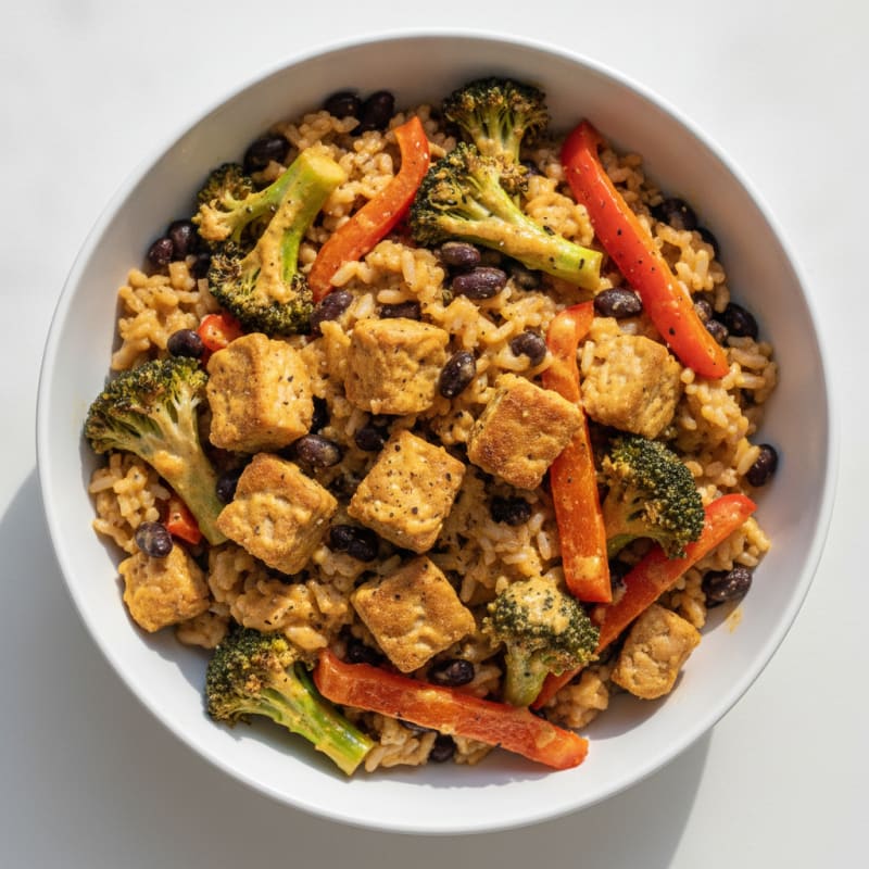 Cheesy Black Bean & Roasted Vegetable Rice Bowl