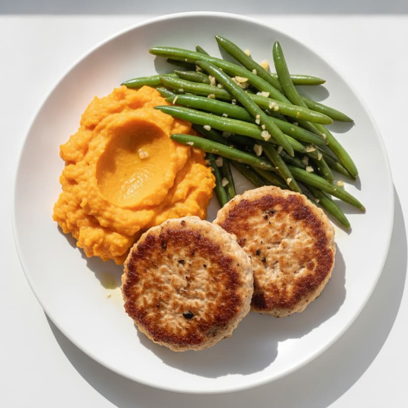 Seared Turkey Patties with Garlic Green Beans and Sweet Potato Mash