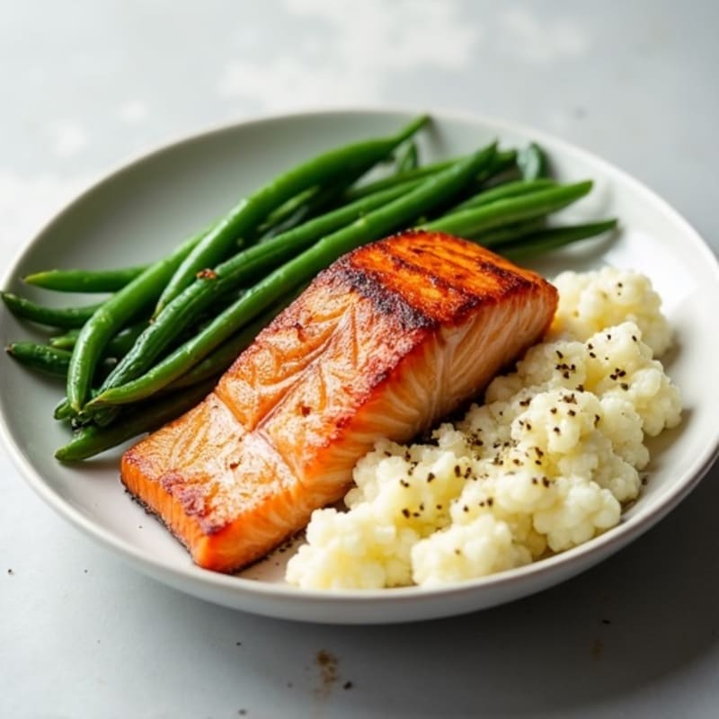 Seared Salmon Fillet with Steamed Green Beans and Garlic Cauliflower Mash