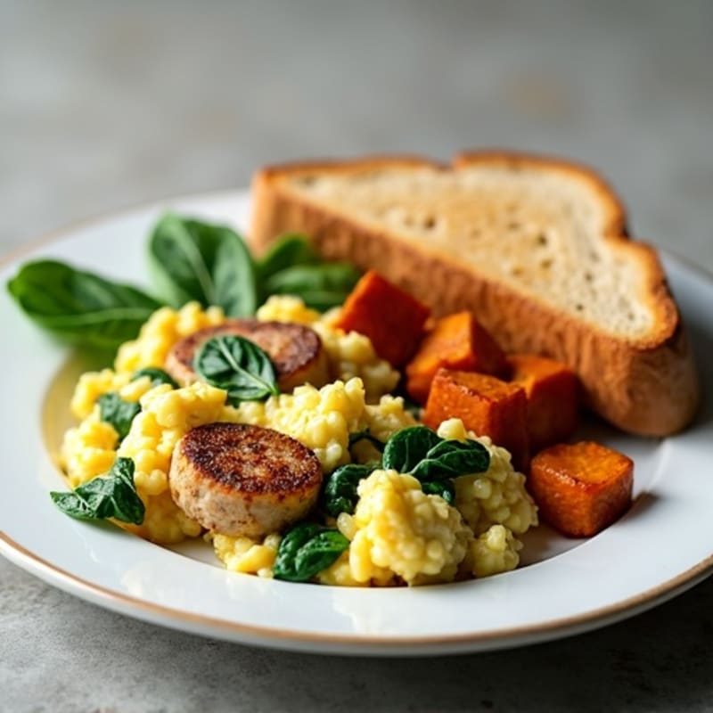 Egg White Spinach Scramble with Turkey Sausage and Roasted Sweet Potatoes