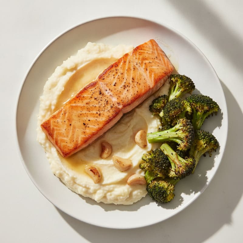 Seared Salmon with Roasted Broccoli and Garlic Mash