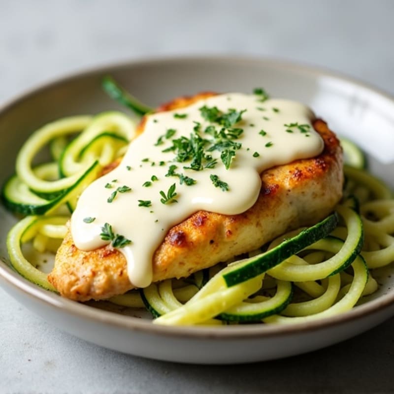 Creamy Cauliflower Alfredo Chicken with Zucchini Noodles