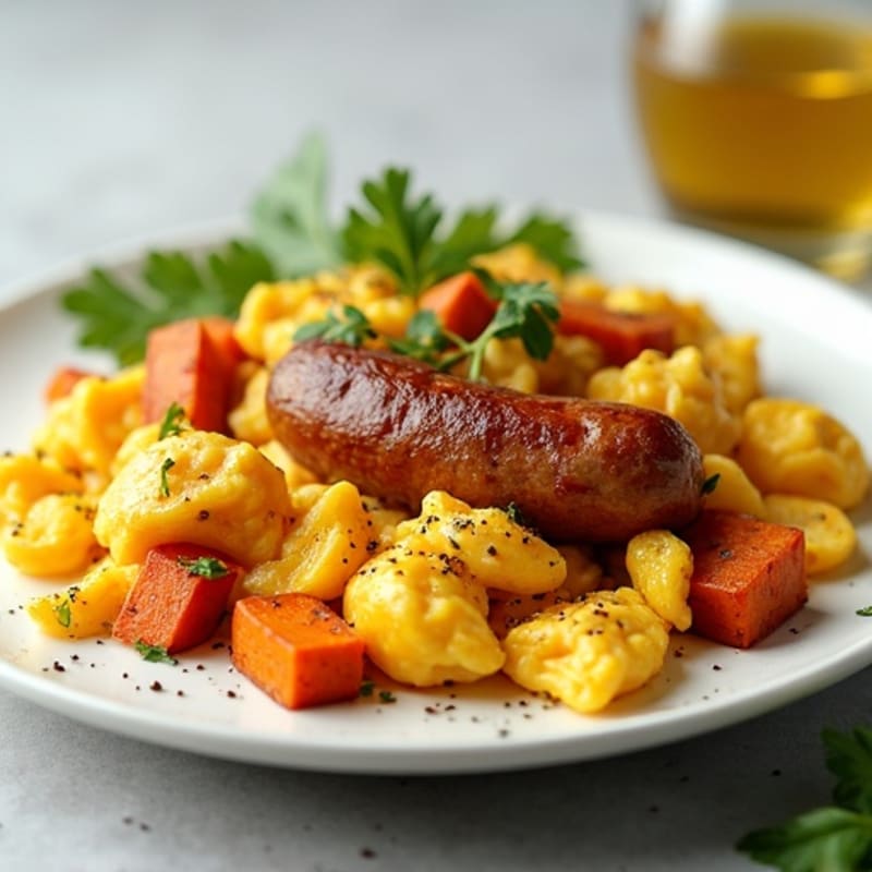 Scrambled Eggs with Chicken Sausage and Roasted Sweet Potatoes