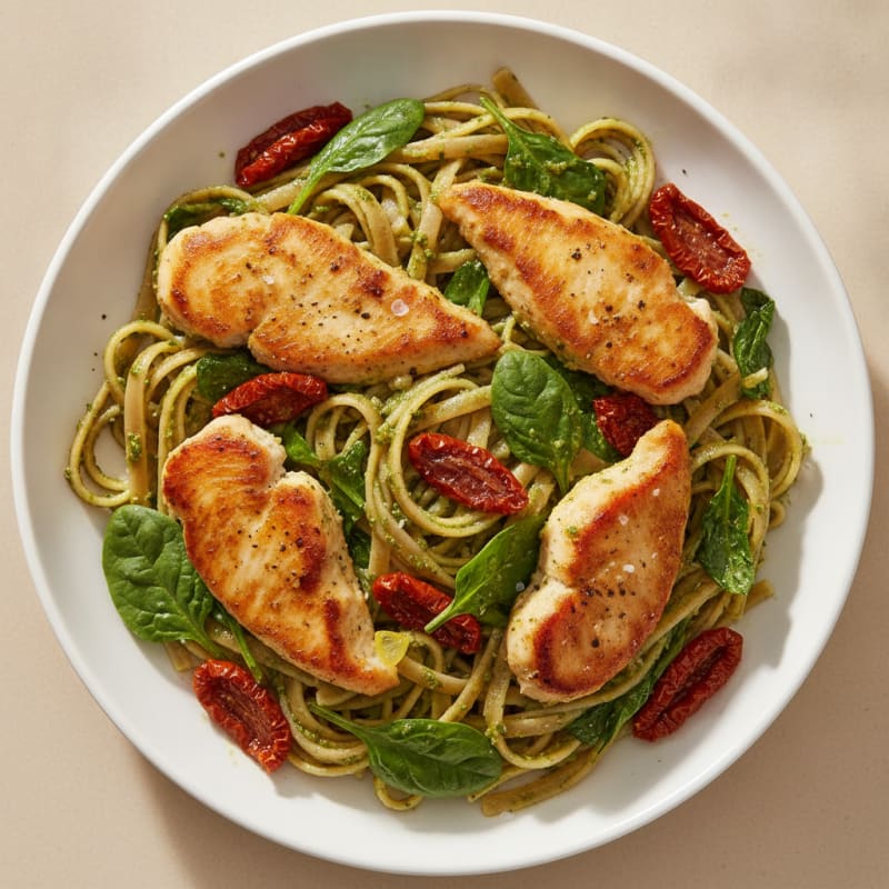 Pesto Chicken Linguine with Sun-Dried Tomatoes