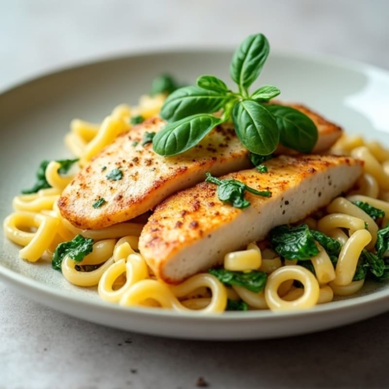 Creamy Lean Chicken and Whole Wheat Pasta Carbonara with Fresh Spinach