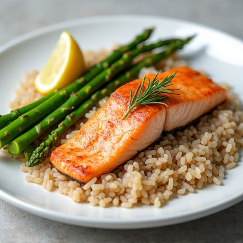 Seared Salmon with Steamed Asparagus and Brown Rice