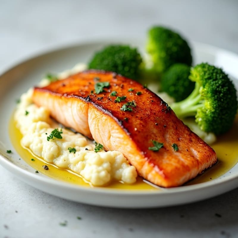 Seared Salmon with Steamed Broccoli and Cauliflower Mash