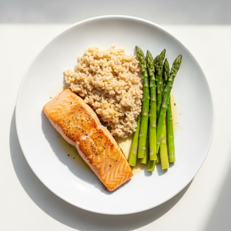 Seared Salmon with Steamed Asparagus and Brown Rice