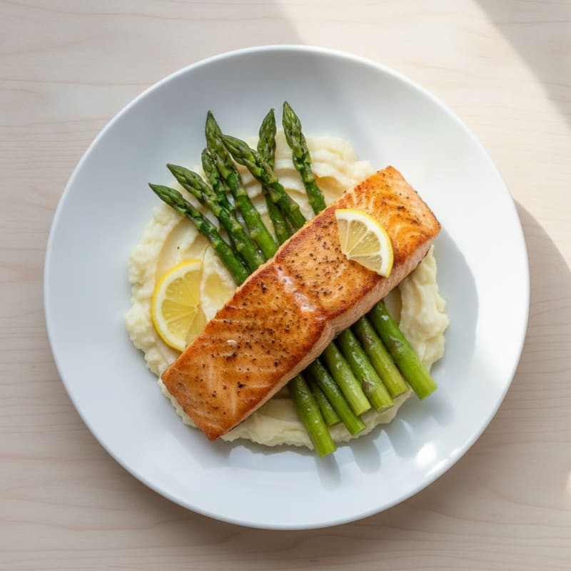 Seared Salmon with Steamed Asparagus and Mashed Cauliflower