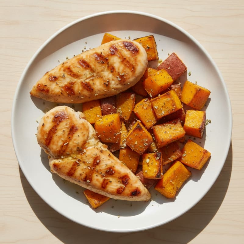 Grilled Chicken Breast Tenders with Roasted Sweet Potato and Squash