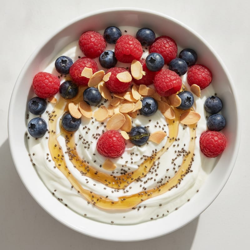 Creamy Greek Yogurt Bowl with Chia Seeds, Sliced Almonds, and Fresh Berries