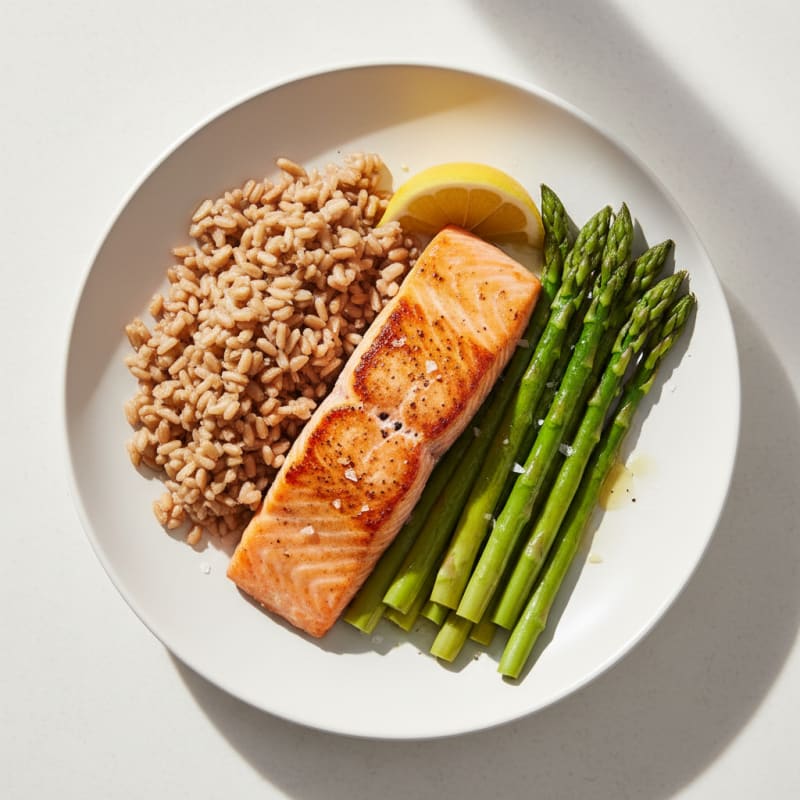Seared Salmon with Steamed Asparagus and Brown Rice