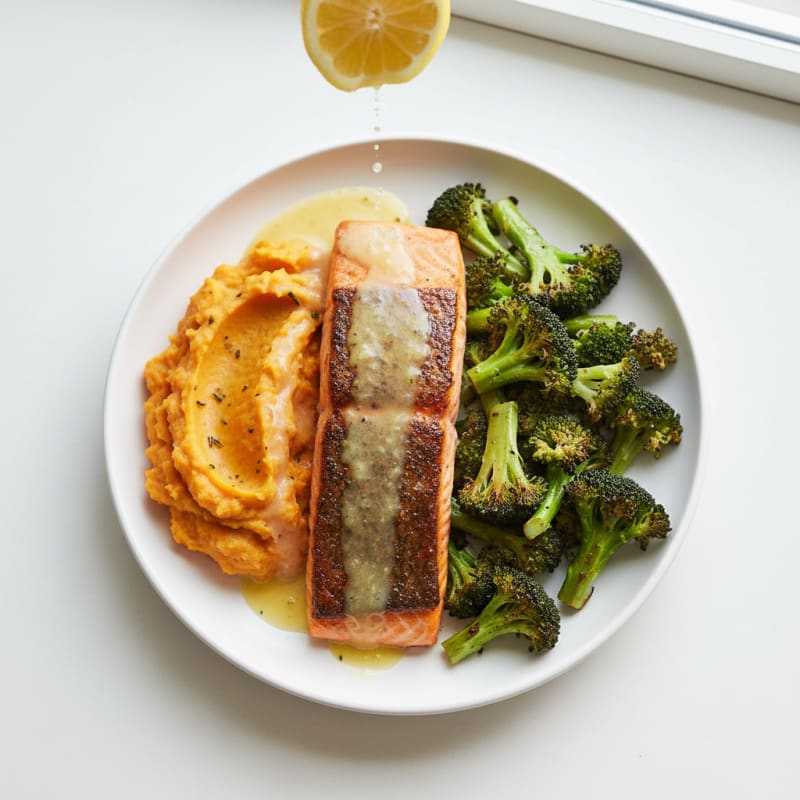 Seared Salmon Fillet with Roasted Broccoli and Sweet Potato Mash