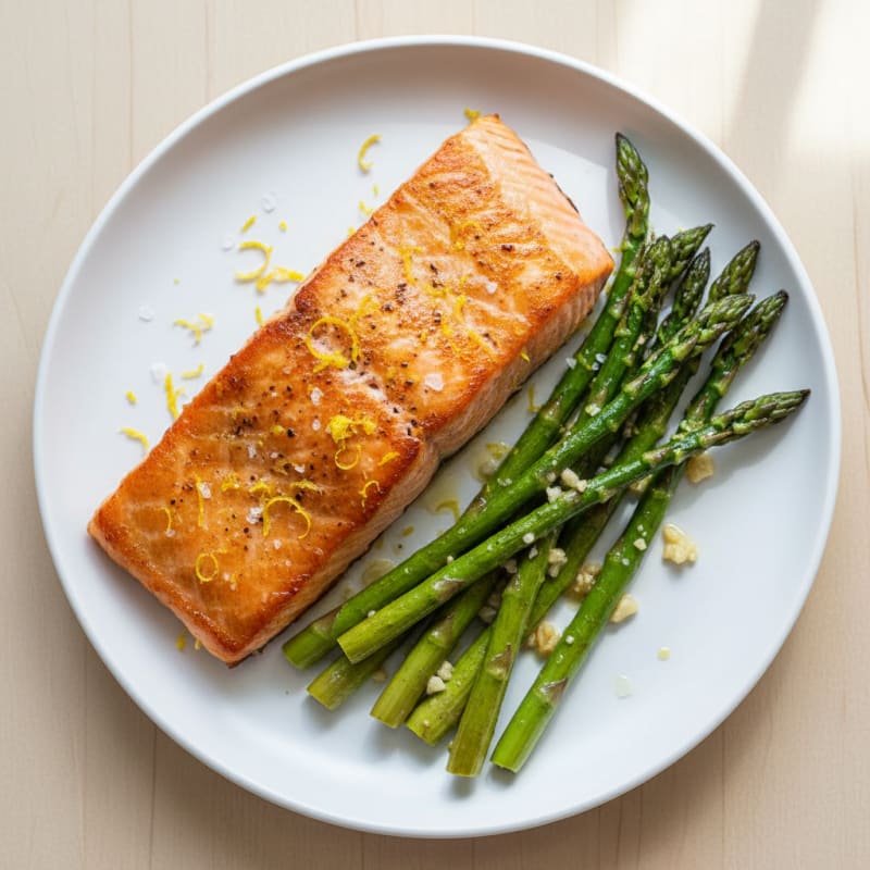 Seared Salmon Fillet with Roasted Asparagus and Lemon Zest