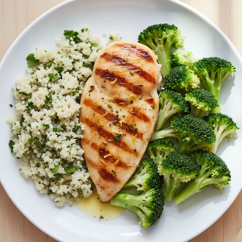Grilled Chicken Breast with Steamed Broccoli and Quinoa