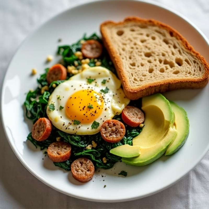 Egg White and Turkey Sausage Scramble with Sautéed Spinach