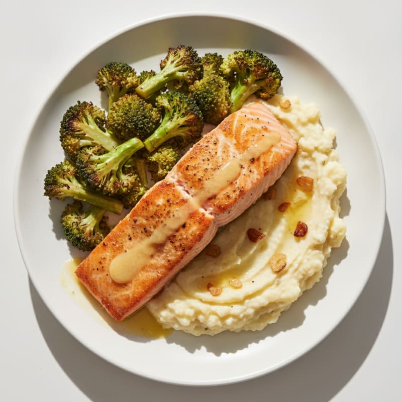 Seared Salmon with Roasted Broccoli and Garlic Mashed Cauliflower