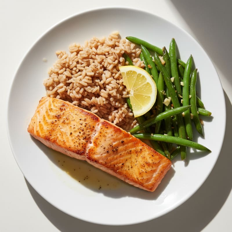 Seared Salmon with Garlic Green Beans and Brown Rice