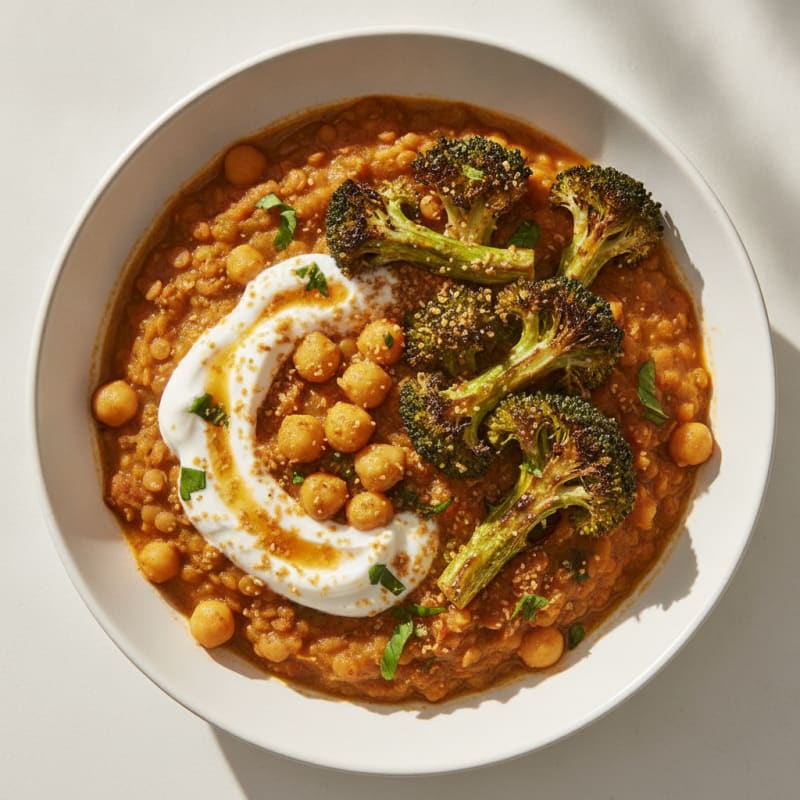 Creamy Lentil and Chickpea Stew with Roasted Broccoli