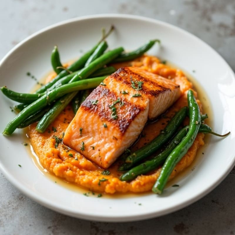 Seared Salmon with Garlic Green Beans and Sweet Potato Mash