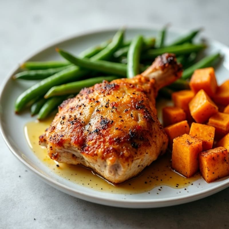 Crispy Baked Chicken Thighs with Roasted Green Beans and Sweet Potato