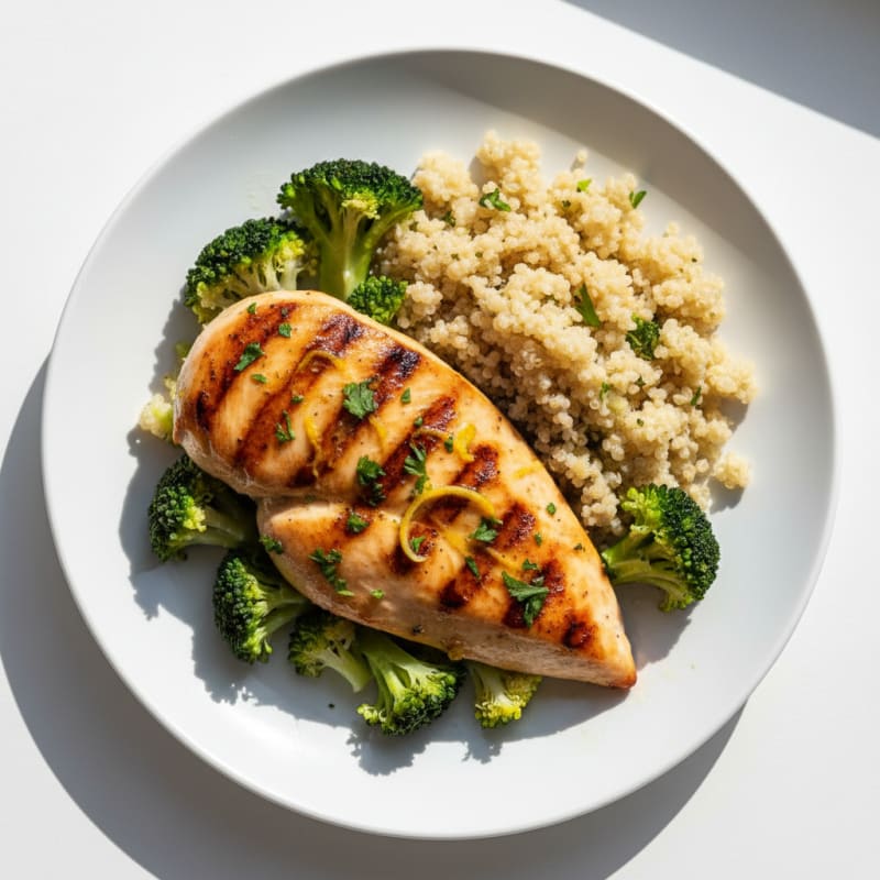 Grilled Chicken Breast with Steamed Broccoli and Quinoa