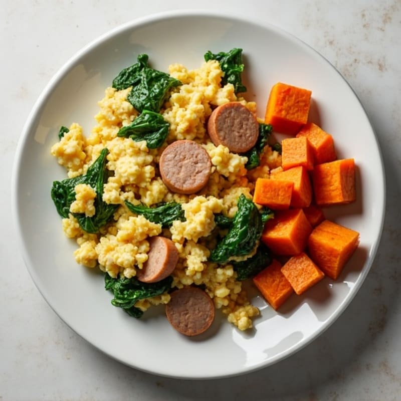 Egg White and Turkey Sausage Scramble with Spinach and Roasted Sweet Potatoes