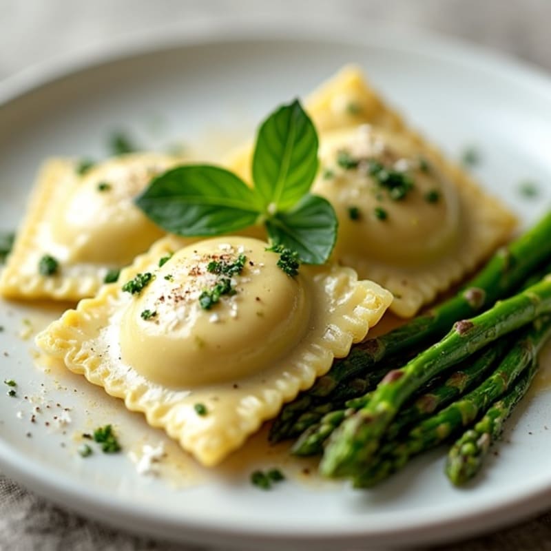 Creamy Lemon Herb Spinach Ravioli with Roasted Asparagus