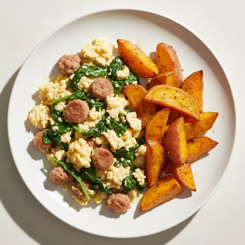 Egg White and Turkey Sausage Scramble with Spinach and Roasted Sweet Potatoes